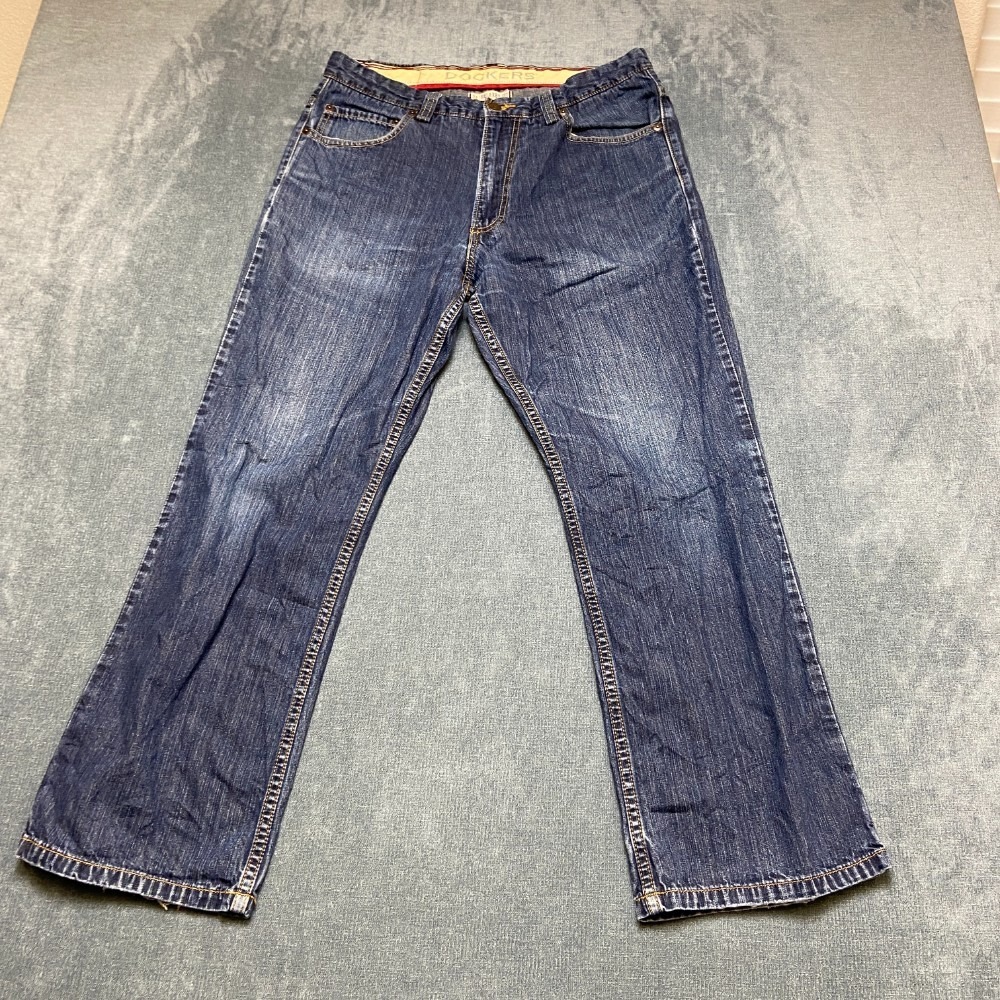 Vintage Dockers D4 Jeans Men 34x29 Blue Denim Cotton Flat Front Relaxed Fit Cozy